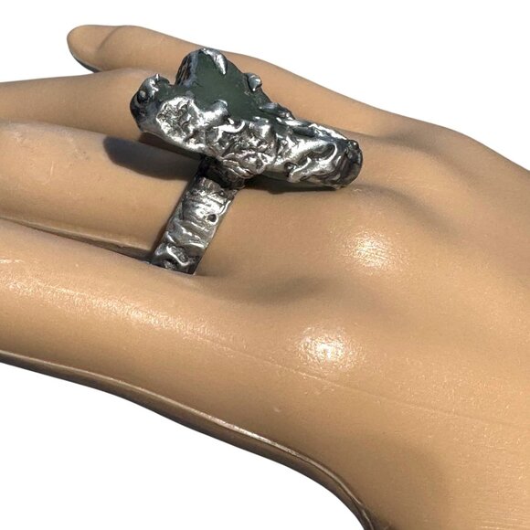 Sea Glass Cocktail Ring Artisan Crafted Silvery Metalwork “Heart of the Sea” Sz8 - Picture 12 of 15